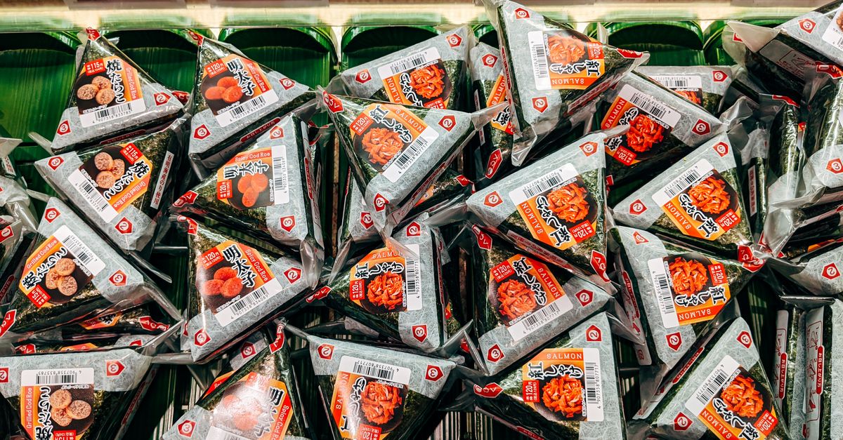 Packaged Japanese onigiri rice balls on a store shelf